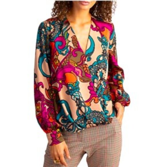 Trina Turk Laurynn Surplice Colorful Retro Floral Print Blouse Top Sz Small EUC - Picture 9 of 10
